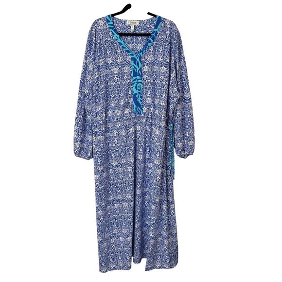 Coolibar UPF 50+ Womens Sardenga Maxi Dress White Blue Tie Waist Long Sleeve 3X - Picture 2 of 11